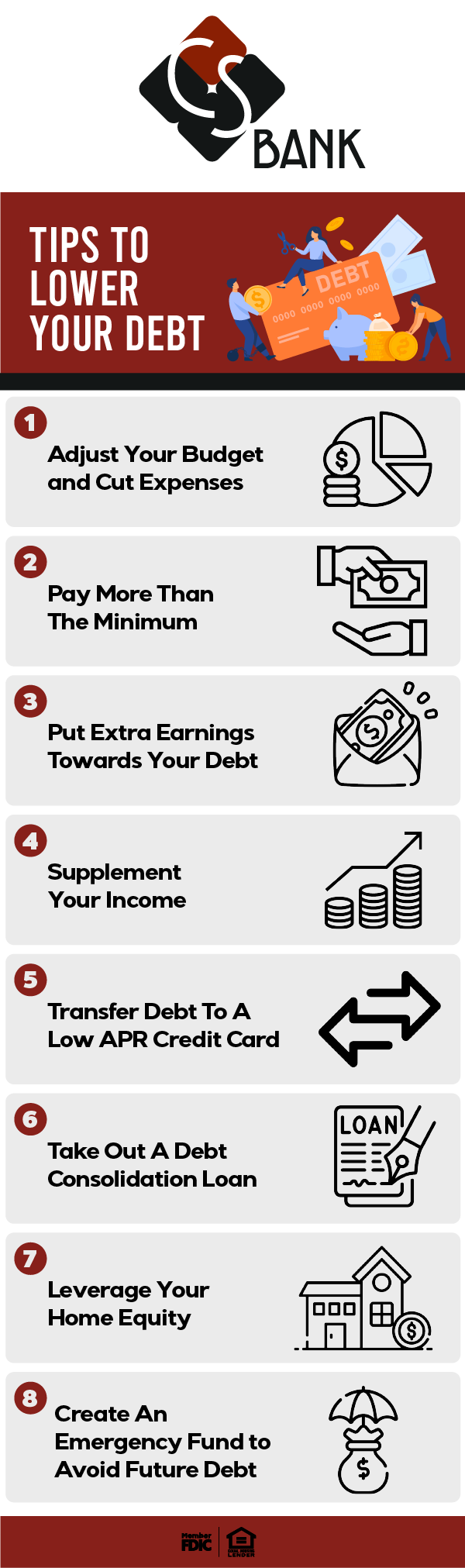 Tips To Lower Your Debt
1 Adjust Your Budget and Cut Expenses
2 Pay More Than The Minimum
3 Put Extra Earnings Towards Your Debt
4 Supplement Your Income
5 Transfer Debt To A Low APR Credit Card
6 Take Out A Debt Consolidation Loan 
7Leverage Your Home Equity
8Create An Emergency Fund to Avoid Future Debt 