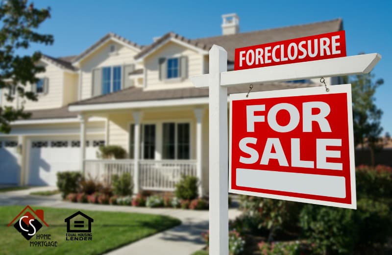 foreclosed home pros and cons. a picture of a home with a for sale sign with a foreclosure designation on it.