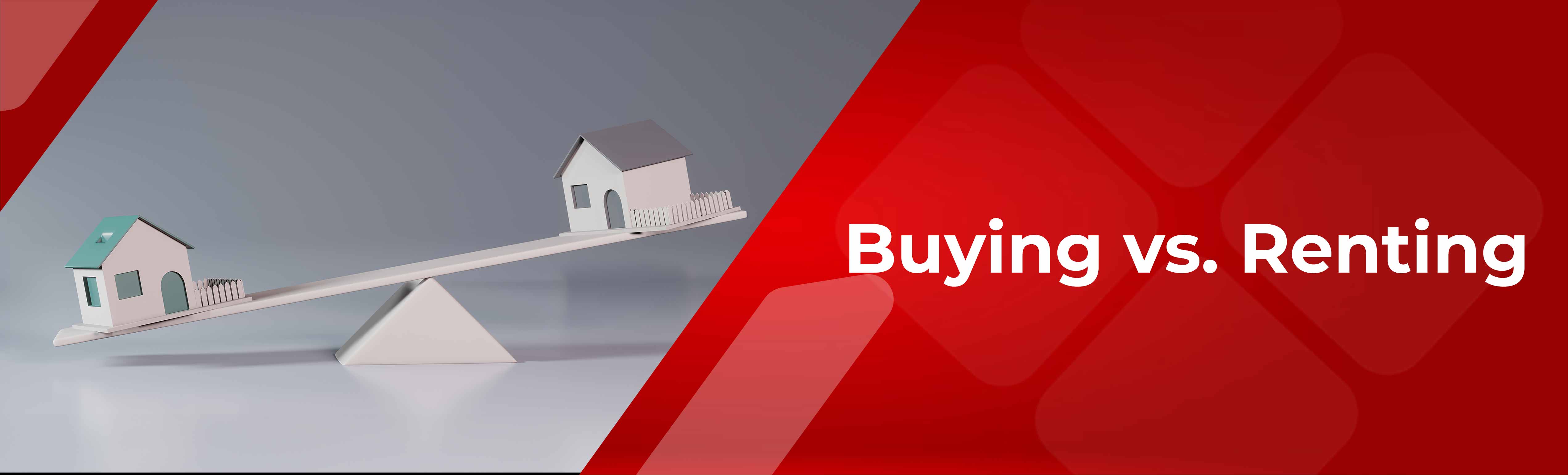 Buying vs. Renting - miniature setup of two houses on each side of a lever