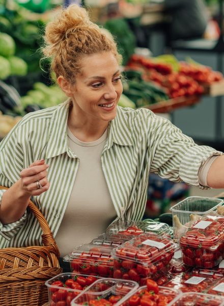 lady looking through produce