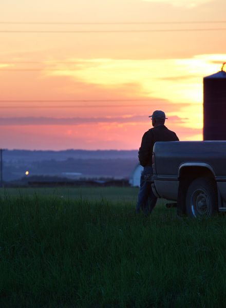farmer admiring land at sunset