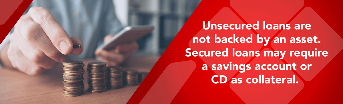 Unsecured loans are not backed by an asset. Secured loans may require a savings account or CD as collateral. 
